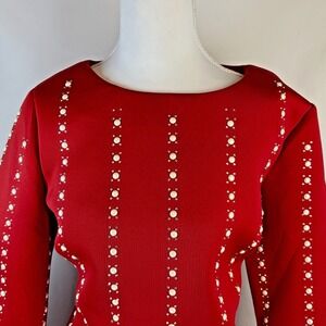 Ashro Women L Red Faux Pearl Rhinestone Bell Sleeve Top Sparkly Party Wedding